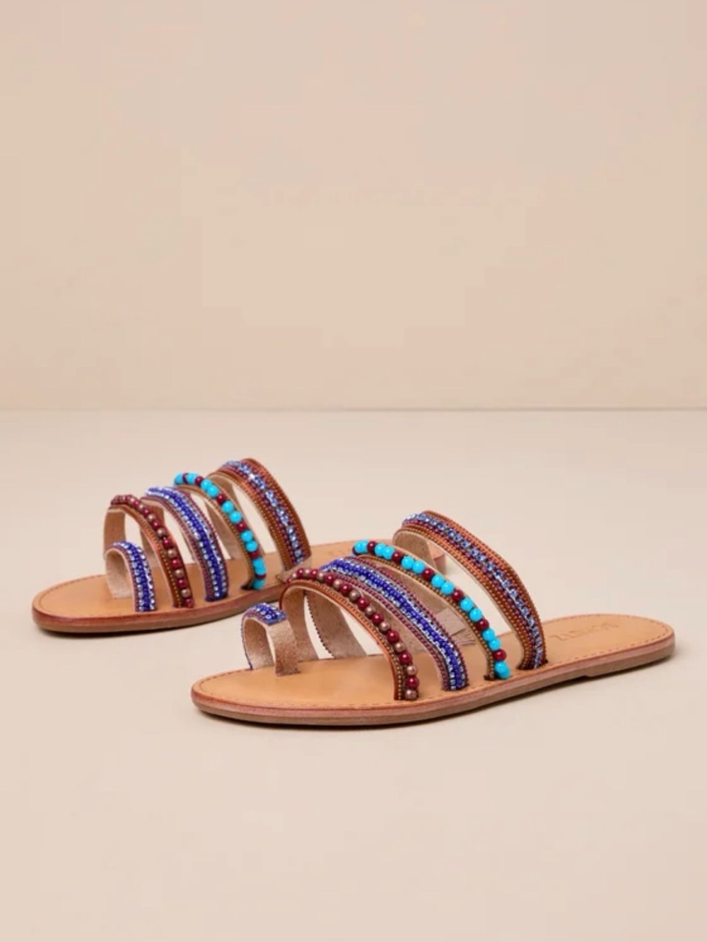 Women's Beaded Multi-Color Slide Sandals - Tan with Turquoise & Royal Accents